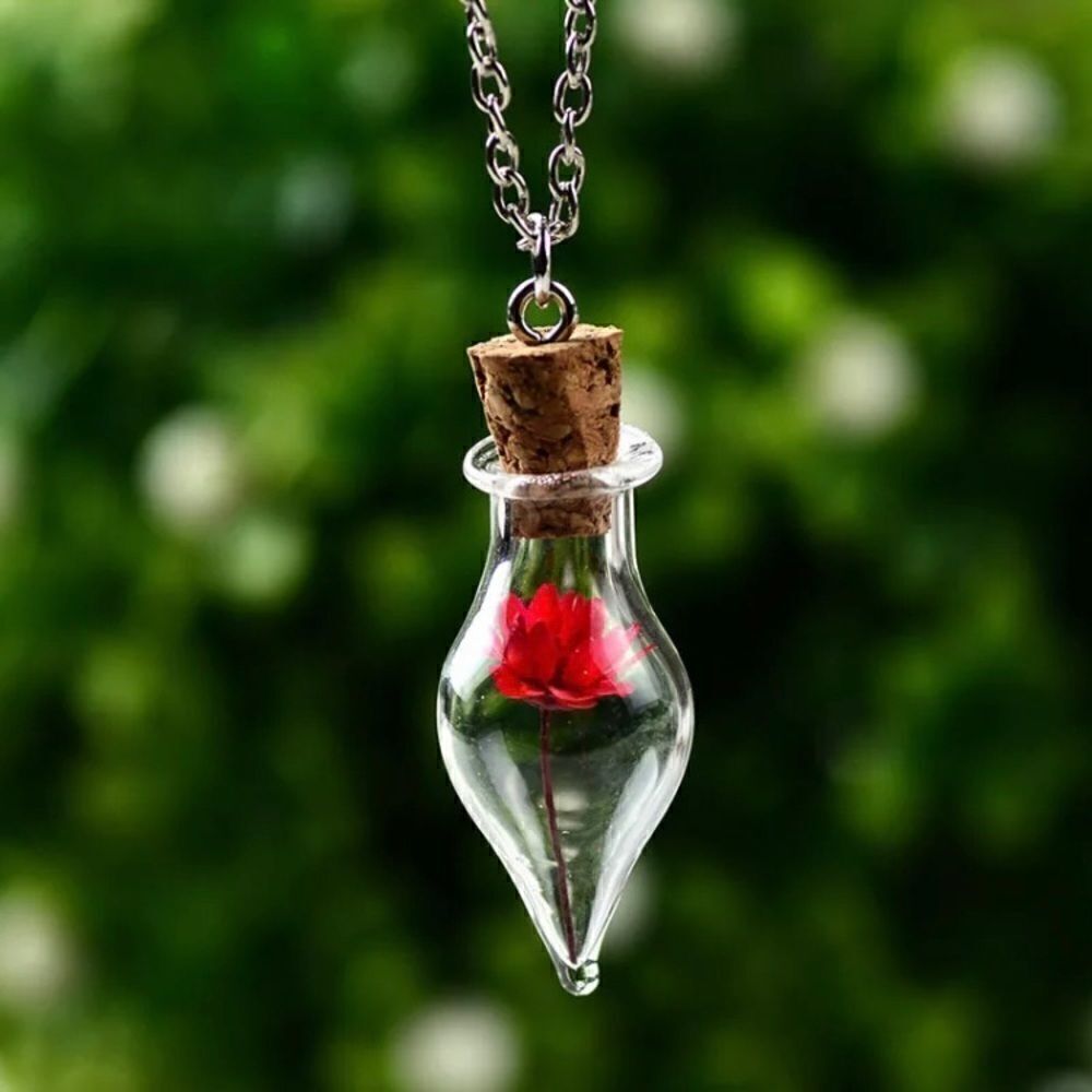 Dried Red Flower Glass Vial Necklace Silver Tone Dainty Botanical Pendant
